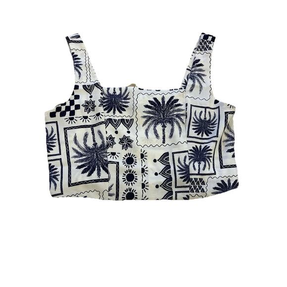 tropical boho Crop Top Women's L Monteau Linen Blue Palm Tree Print Elastic Back - Picture 5 of 5